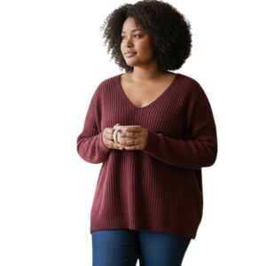 Fashion Nova Deep Burgundy V-Neck Sweater SZ.3X EUC.